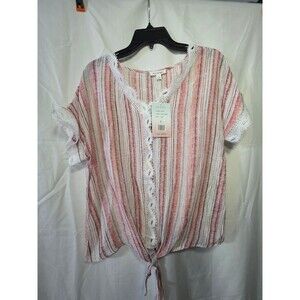 Palm Rio LB1471 L5017 Coral Striped Tie Front Blouse Women's S